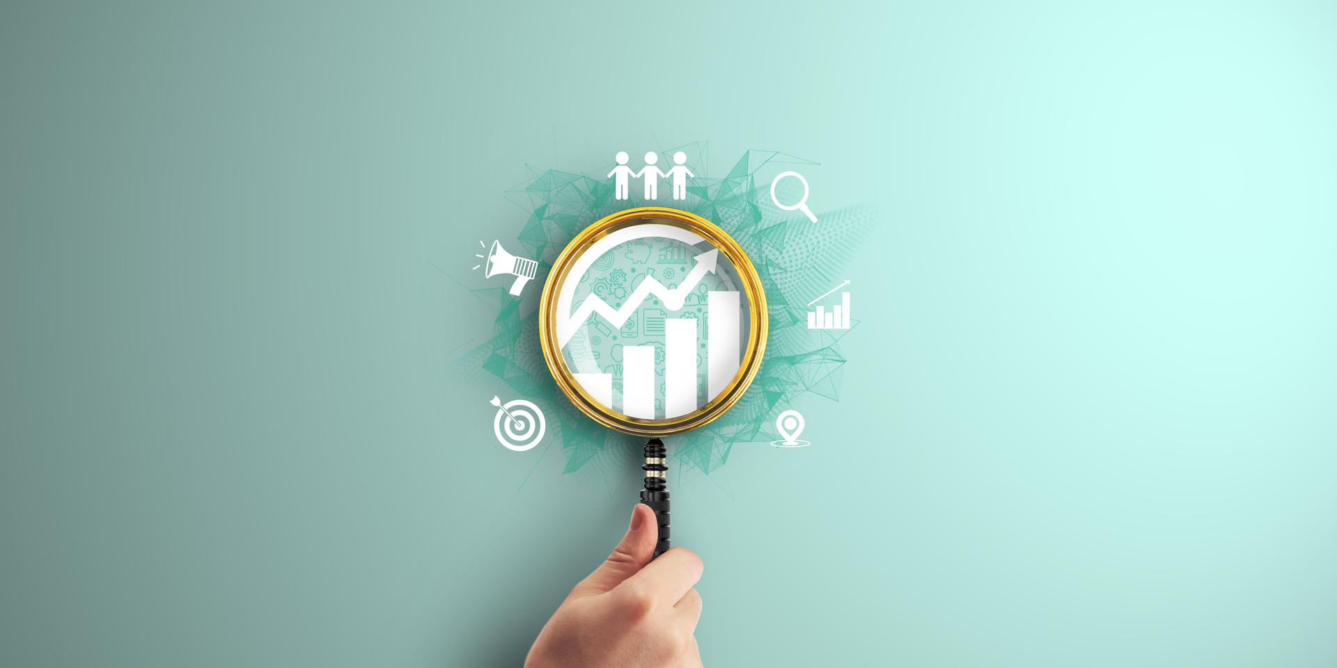 Digital marketing, Data analysis for performance improvement, Goal of digital marketing: Achieving brand awareness and customer engagement. Magnifier focus on Digital marketing icon.
